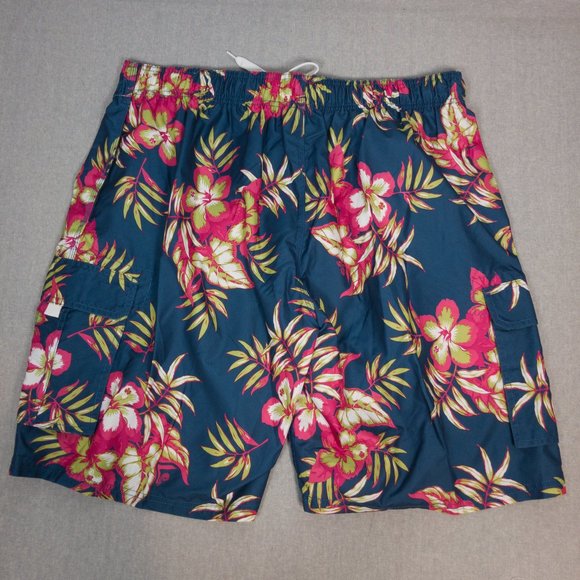 Denim Blue Tropical Floral Print Swim Trunks XXL - Picture 3 of 7